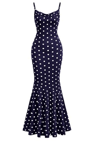 PRETTYGARDEN Womens Summer Dresses 2026 Polka Dot Spaghetti Strap Cowl Neck Bodycon Wedding Cocktail Mermaid Maxi Dress(Dot Dark Blue White,Medium) - Image 1