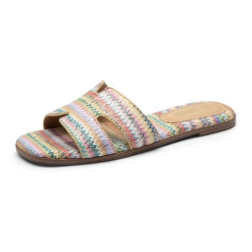 Rihero Women's Raffia Flat Sandals Dressy Summer Slip On Square Open Toe Slide Sandals for Beach Travel Multi Raffia Size 6 - Image 1