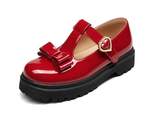 Coutgo Girls Mary Jane Dress Shoes Chunky Platform Loafers School Uniform Closed Toe T Strap Flats with Bow, Red, 13 Little Kid - Image 1