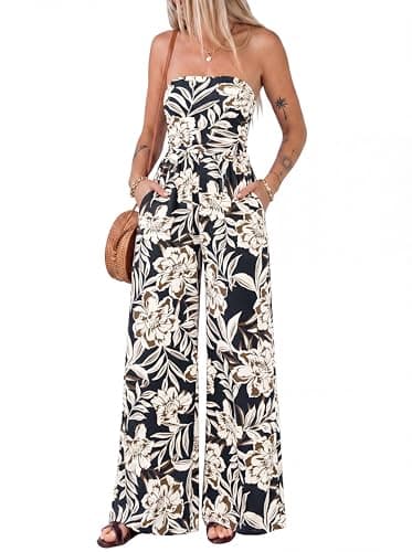 BTFBM Jumpsuits For Women Casual 2026 Floral Strapless Jumpsuit Wide Leg Rompers Beach Vacation Clothes Summer Outfits(Floral Black Beige, Small) - Image 1