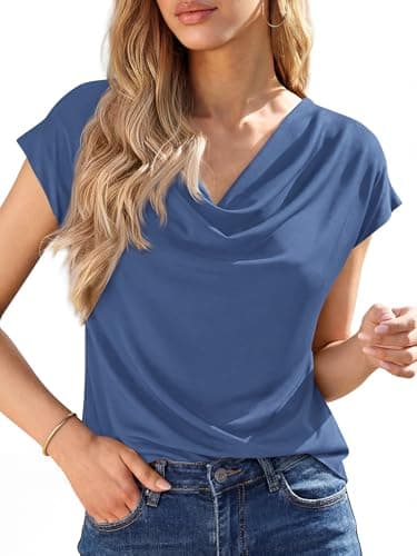 BTFBM Cowl Neck Tops for Women 2026 Summer Womens Tops Dressy Casual Business Blouses Short Sleeve Shirts Spring Outfits(Dark Blue, X-Large) - Image 1