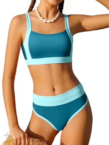 AMAWMW Girls Swimsuit Two Piece Bathing Suit Adjustable Straps Bikini Set with Chest Pad 7-16Y, Blue, 7-8 Years - Image 1
