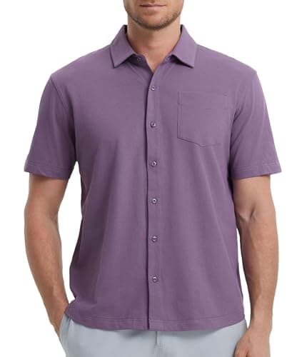 M MAELREG Mens Button Down Short Sleeve Shirt Lightweight Pique Collared Shirts for Men Summer Shirts with Pocket Purple - Image 1