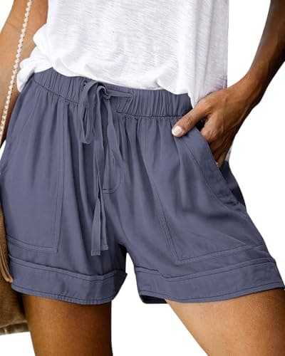 NILOINE Womens Elastic Waist Drawstring Shorts Summer Lightweight Beach Shorts Comfy Casual Short Pants with Pockets(1-Gray Blue,Small) - Image 1