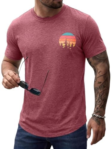 Comdecevis Mens Sunset Graphic Classic T-Shirt Crewneck Curved Hem Comfort Short Sleeve Shirts for Casual Work, Rose Red, L - Image 1