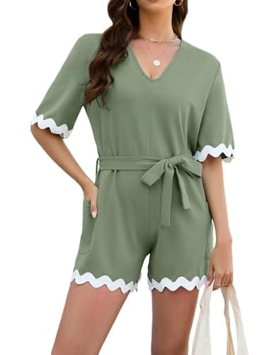 GAMISS Women's Romper with Pockets Summer Jumpsuit Casual Short Sleeve One Piece Vacation Beach Outfits Sage Green Small - Image 1