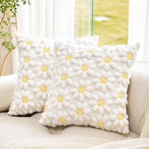 KIDHABE Spring Summer Pillow Covers 18x18 inch, Set of 2 Soft Faux Fur Jacquard Yellow Color Flower Heart Sunflower Throw Pillow Cases for Sofa Couch Holiday Spring Home Decor - Image 1
