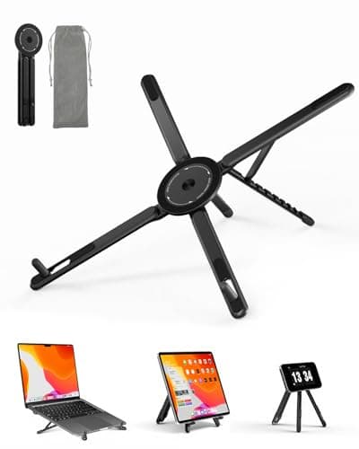 Viozon Portable Laptop Stand for Desk, Foldable Adjustable Computer Riser with Magnetic Phone Holder, Aluminum Laptop Stand for 10–16” Laptops & 4–13” Phones/Tablets (Black) - Image 1