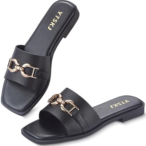 YTSKJ Sandals for Women 2026 Square Open Toe Fashion Slides Women Dressy Summer Flat Beach Cute Ladies Faux Leather Casual Shoes with Golden Chain Black Size 11 - Image 1