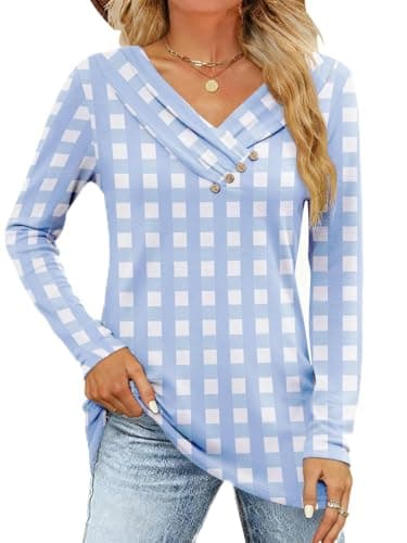 FMEYOA Women's Fall Long Sleeve Tunic Tops for Leggings Pleated V Neck Button Casual Blouse Graphic Printed Sweatshirt Blue Plaid - Image 1