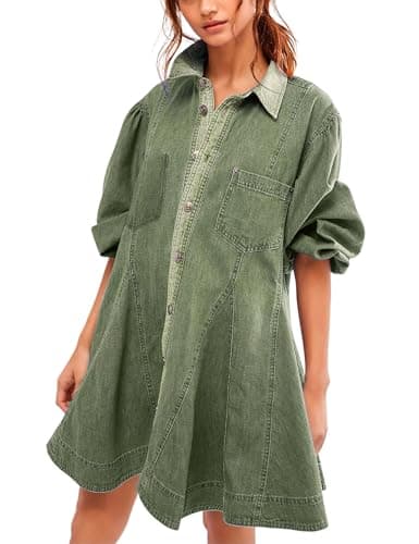 Gozoloma Women's Denim Dress Long Balloon Sleeves Button Down A Line Swing Ruffle Jean Mini Babydoll Dress with Chest Pocket(Green-XS) - Image 1