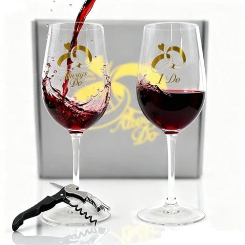 HJOCMLE Romantic Wedding Gift for Bride and Groom, Funny I Do and Always Do Wine Glasses Set of 2 Engagement Gifts for Couples 10OZ Stemmed Wine Glass Set with Gift Box and Corkscrew for Him and Her - Image 1