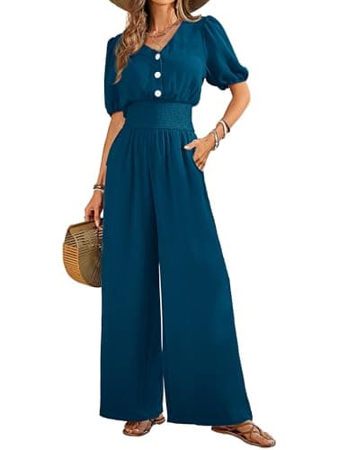 LOOKBOHO Women's Jumpsuits Dressy Short Sleeve Smocked High Waist Wide Leg Casual Rompers V Neck One Piece Outfits - Image 1