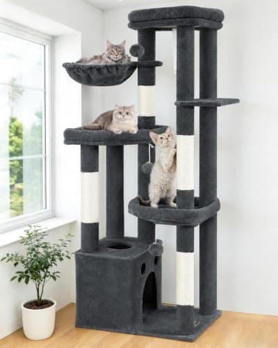 Multi-Level Cat Tree Tower for Indoor Cats, 67 inch Tall XL Heavy Duty Climbing Tower with 3 Large Platform, Scratching Post, Hammock, Kitty Condo for Multiple Cats, Extra Large Cat Trees, Dark Grey