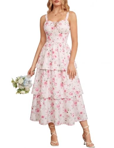 Scarlet Darkness Floral Dress for Women 2026 Summer Wedding Guest Dresses Sleeveless Tea Party Dress White Pink Rose Size 8 - Image 1