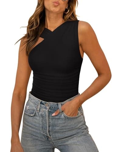 REORIA Womens Sexy Asymmetrical Leopard Print Mesh Ruched Going Out Bodysuits Tank Tops Black X-Large - Image 1