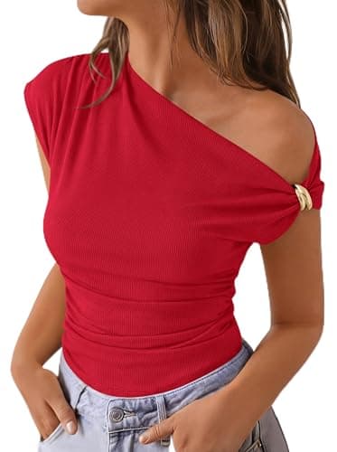PRETTYGARDEN Womens Summer Off The Shoulder Crop Tops Ribbed Going Out Fitting T Shirts Trendy Spring Y2k Clothes 2026(Red,Small) - Image 1
