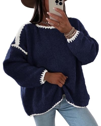 KIRUNDO Womens Sweaters 2026 Fall Oversized Long Sleeve Chunky Knit Crew Neck Contrast Stitching Pullover Winter Clothes(Royal Blue, Medium) - Image 1