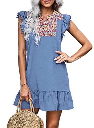 KIRUNDO Women's 2026 Summer Mini Dress Spring Casual V Neck Floral Embroidered Ruffle Sleeveless Shift Flowy Boho Dress (Dark Blue, Medium) - Image 1
