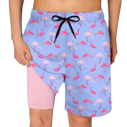 Cozople Little Boys Swim Shorts UPF50+ Swim Trunks with Boxer Brief Liner Swimwear Funny Flamingo Graphic Surf Boardshorts for Kids Stretchy Compression Bathing Suit Size 4t - Image 1
