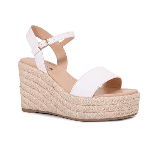 Paiyonan Women's Raffia Strap Espadrille Wedge Sandals - Ankle Buckle Platform Wedges Open Toe Summer Beach Casual Shoes (White, Adult, Women, 11, Numeric, US Footwear Size System, Medium) - Image 1