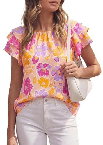 PRETTYGARDEN Boho Floral Tops for Women Summer Blouses Dressy Casual 2026 Spring Beach Vacation Ruffle Short Sleeve Shirts (Pink Multicolored Floral,Medium) - Image 1
