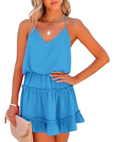 Newffr Womens V Neck Summer Dress Sleeveless Mini Dress Ruffle Dress Spaghetti Strap Racerback Sun Flowy Dress Sky Blue - Image 1