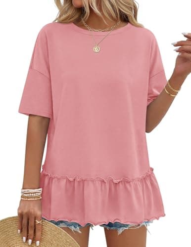 MEROKEETY Women's 2026 Summer Peplum Tops Oversized Blouse Casual Short Sleeve Crew Neck Ruffle Tunic T Shirts, Pink, X-Large - Image 1
