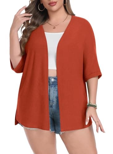 Lastshe Plus Size Cardigan for Womens Rolled Short Sleeve Lightweight Split Hem Both Sides Sweaters Wrap,Orange,3X - Image 1