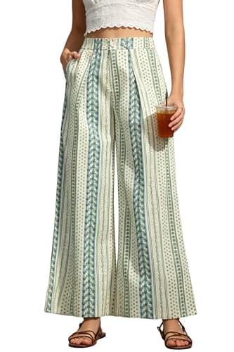 Ystguic Wide Leg Palazzo Lounge Pants for Women Button Down High Waisted with Pockets Bohemian Print Loose Pant 2025 Trendy Going Out Trousers YG085 Medium White and Green Floral M - Image 1