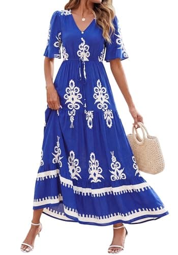 BTFBM Womens Summer Dresses 2026 Spring Casual Short Sleeve v Neck Boho Floral Flowy A-Line Tiered Maxi Dress Pockets(Floral Blue White, Medium) - Image 1