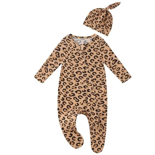 Baby One-Piece Footies Long Sleeve Rompers 2-Way Zipper, Baby Bodysuit Bamboo Clothes for Boys Girls (Leopard Print, Newborn) - Image 1