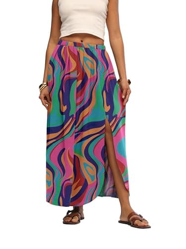 HiMONE Flowy Maxi Skirt for Women High Waisted Elegant Long Skirts with Side Slit for Boho Vacation Summer Outings - Image 1