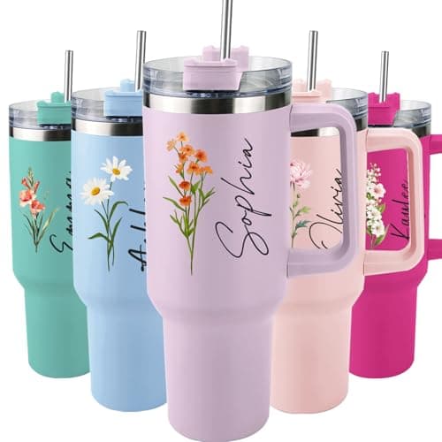 Elemtansy Personalized 40 Oz Tumbler with Handle and Straw, Custom Cup with Name & Birth Flower, Stainless Steel Travel Coffee Tumbler,Personalized Mothers Day Birthday Gifts for Women, Teen Girls - Image 1