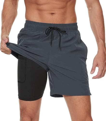 Mens Swim Trunks Compression Liner No Mesh Swimming Trunks Men Swimwear Quick Dry Above Knee Zipper Pocket Swim Shorts - Image 1