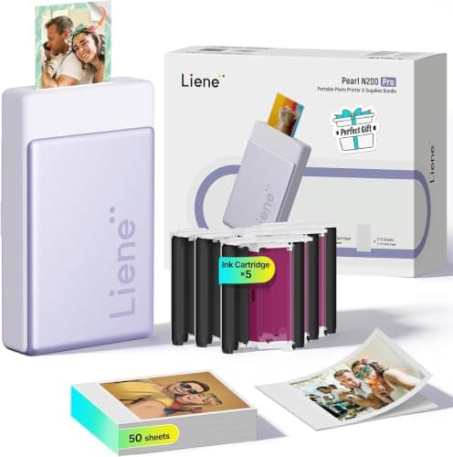 Liene Pearl N200 Pro Portable AI Photo Printer, Instant Mini Picture Printer for iPhone Smartphone, Thermal Dye Sublimation Bluetooth Sticker Maker 50 Sheets 2x3 Adhesive Paper & 5 Cartridges, Purple - Image 1