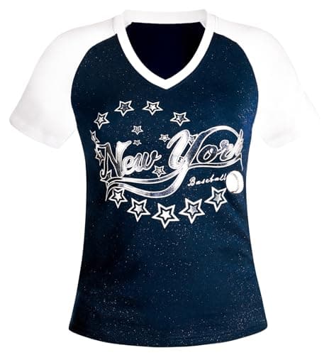 Simapak Womens Baseball Foiled Glitter Sparkly Fans Athletic City Raglan T-Shirts - White & Navy (Size:XL) - Image 1