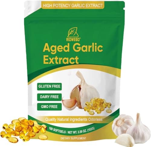 RIOWEGO Aged Garlic Extract Softgels,Odorless Allium Sativum Antioxidant Supplement for Heart & Immune Support, Vegetarian, Non-GMO,2 Year Matured for Antioxidant Wellness-180 Count - Image 1