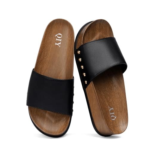 QIY Black Platform Sandals for Women Slip-on Studded Slides Black Ladies Arch Support Summer Casual Wedge Sandal Beach Vacation Cushion Footbed Retro Comfortable Shoes Size 6 - Image 1