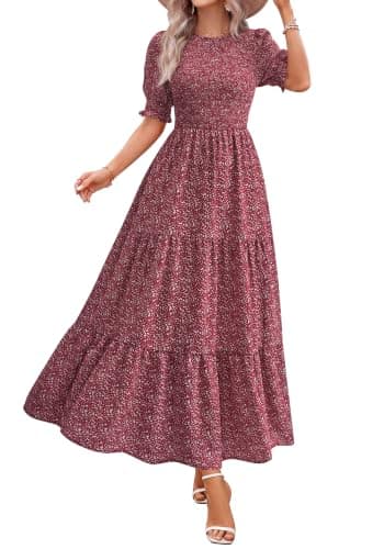 BTFBM Women Casual Summer Dresses 2026 Spring Crew Neck Ruffle Short Sleeve Smocked Floral Boho Flowy Maxi Dress Clothes(Floral Wine Red White, Small) - Image 1