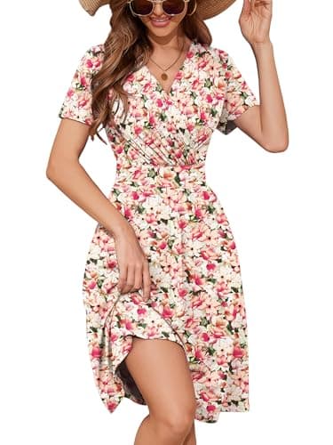 Heymoments Women's Summer Comfy Swing Sundress Creamy Vintage Blossom Medium Short Sleeve Casual Midi Dress Wrap V Neck A-Line Classy Beach Vacation Teacher Dresses with Pockets - Image 1
