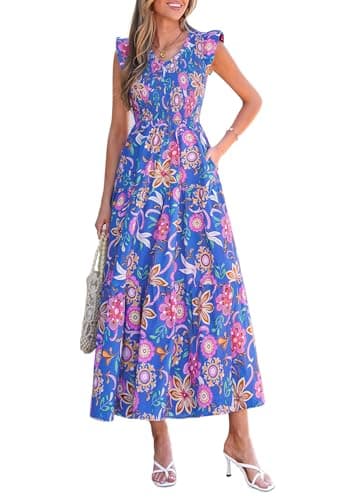 PRETTYGARDEN Women's Boho Floral Maxi Dress 2026 Summer Smocked V Neck Ruffle Sleeve Spring Flowy Beach Vacation Sundresses (Blue,Small) - Image 1