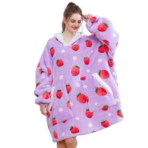 Kipswiza Strawberry Wearable Blanket Hoodie for Adults & Teens - Oversized Sherpa Fleece Hooded Sweatshirt with Pockets, Birthday Gifts for Women, Men, Best Friends (Violet) - Image 1