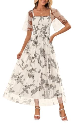 MEROKEETY Women's 2025 Summer Short Sleeve Floral Tulle Dress Square Neck Smocked Party Wedding Boho Maxi Dresses, Beige, L - Image 1