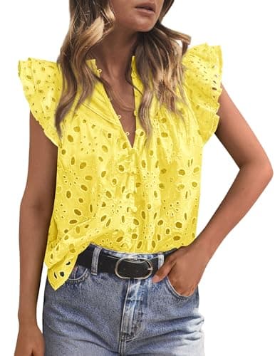 PRETTYGARDEN Womens Summer Tops 2026 Dressy Casual Ruffle Cap Sleeve Button V Neck Embroidered Eyelet Blouses Shirts(Yellow,Small) - Image 1