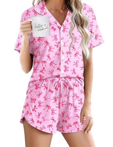 Ekouaer Pajamas for Women Set Button Up Sleepwear 2 Piece Pjs Lounge Set Short Sleeve Nightwear Bow L - Image 1