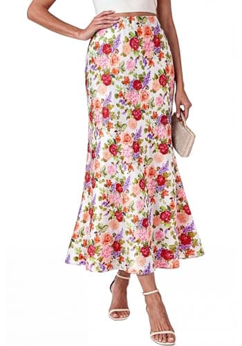 BTFBM Midi Skirts for Women 2026 Summer Spring Lightweight A Line High Waisted Wedding Guest Party Silk Long Skirt(Floral White Multicolored, Large) - Image 1