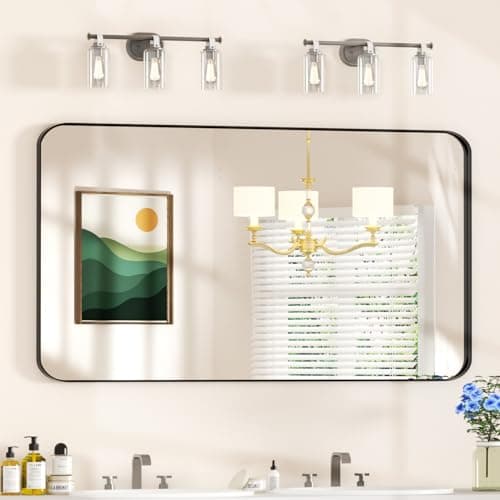 Venlus 55×30 Black Vanity Mirror for Bathroom Sink - Rectangle Aluminum Frame Mirror with Tempered Glass & Rounded Corners for Living Room, Hallway, Horizontal/Vertical, Home Decor - Image 1