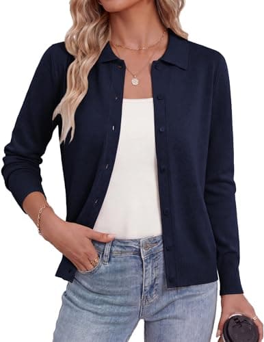 GRACE KARIN Cardigan Sweaters for Women Lightweight Trendy Long Sleeve Cardigans Lapel Collar Button Up Tops(Navy,x-Large) - Image 1