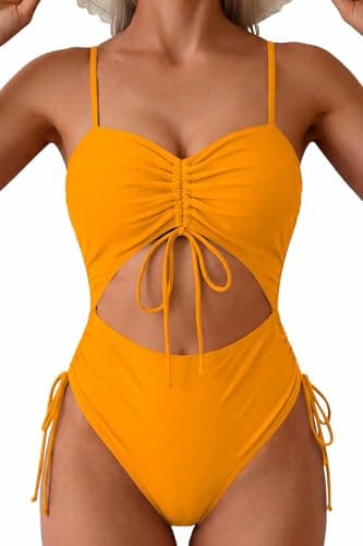 Viottiset Women's Cut Out Drawstring One Piece Swimsuit Cheeky High Cut Bathing Suit Vitality Orange X-Large - Image 1